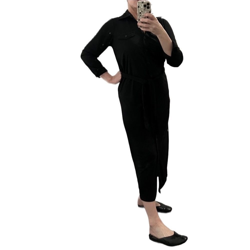 Y2K Maxi Shirt Dress Andrea Jovine Black long Sleeve Button Up Stretch Relaxed S